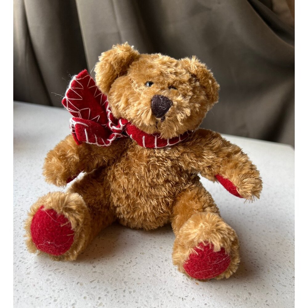 Teddy Bear Toy with Red Wool Scarf Sitting